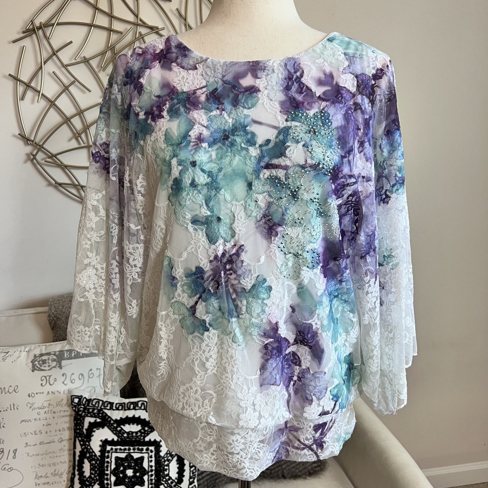 Womens Top Large Floral Lace Kimono Sleeve Fairy Boho Romantic Cottage Feminine